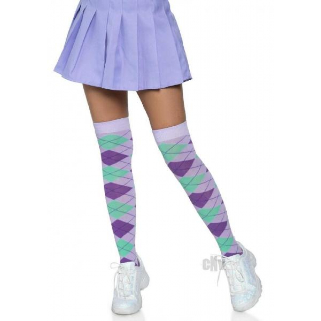 Argyle Knit Over The Knee Socks - Lavender