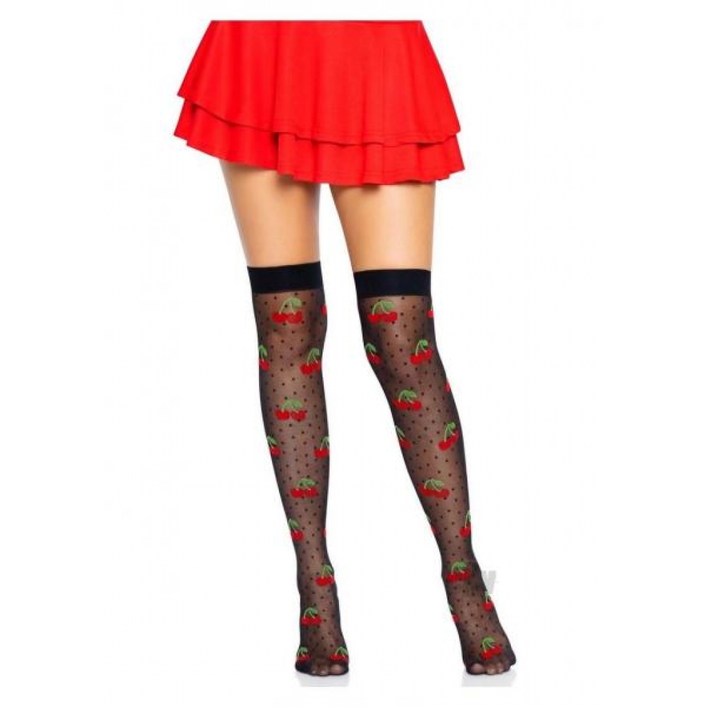 Spandex Dot Cherry Thigh Highs - Black/Red