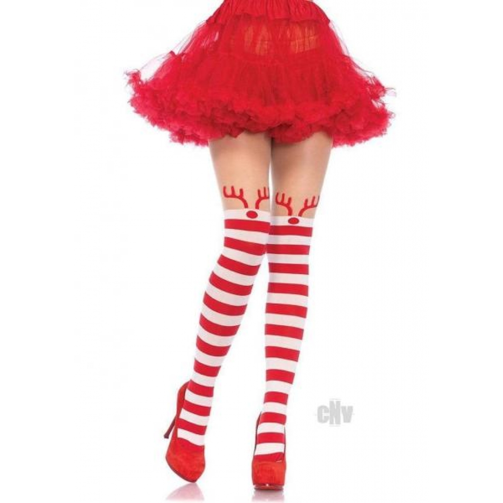 Rudolph Reindeer Stripe Thigh Os Red/wht - Bodystockings, Pantyhose & Garters