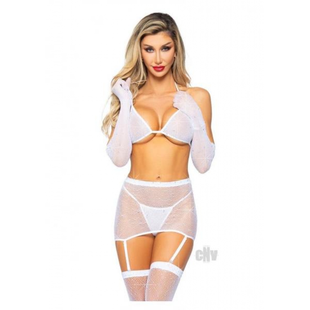 Rhinestone Fishnet Garter Set - 5pc White