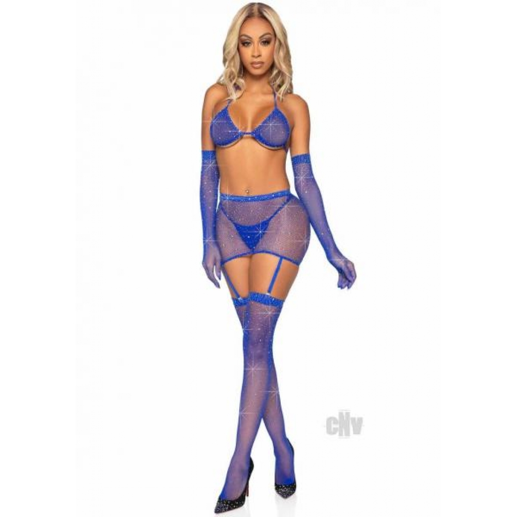 Rhinestone Garter Bikini Set - 5 Piece Blue