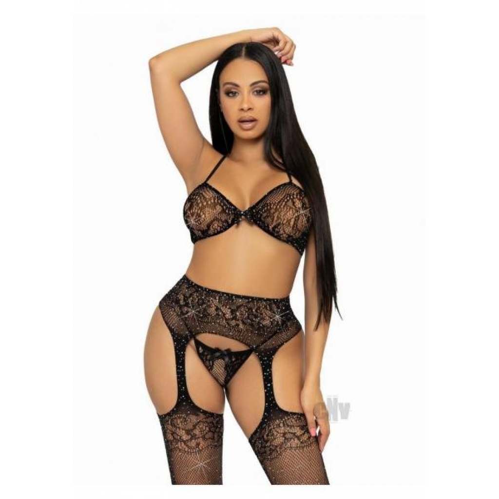 Rhinestone Bra Gstring Garter 3pc OS Blk