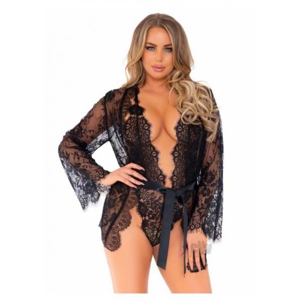 Floral Lace Teddy Thong Robe Tie Sm Blk - Teddies