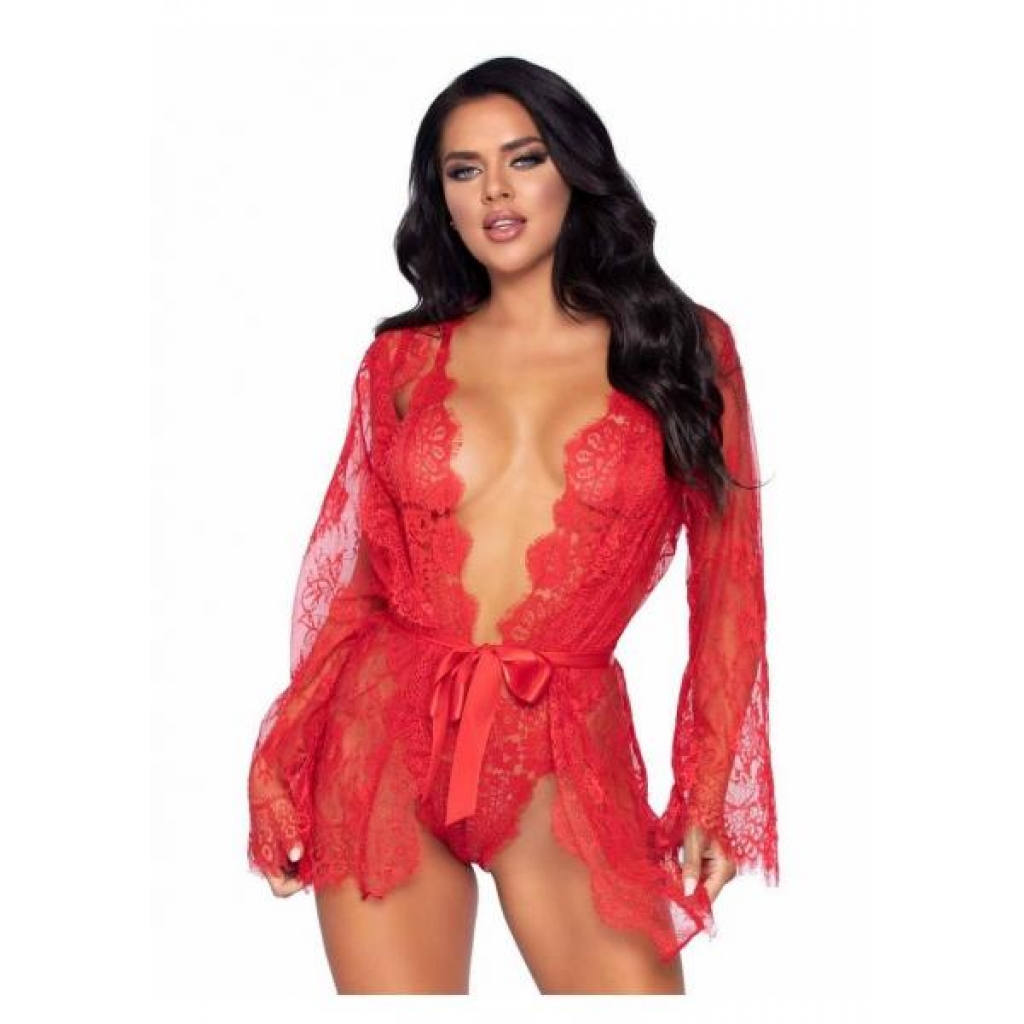 Floral Lace Teddy Thong Robe Tie Sm Red - Teddies