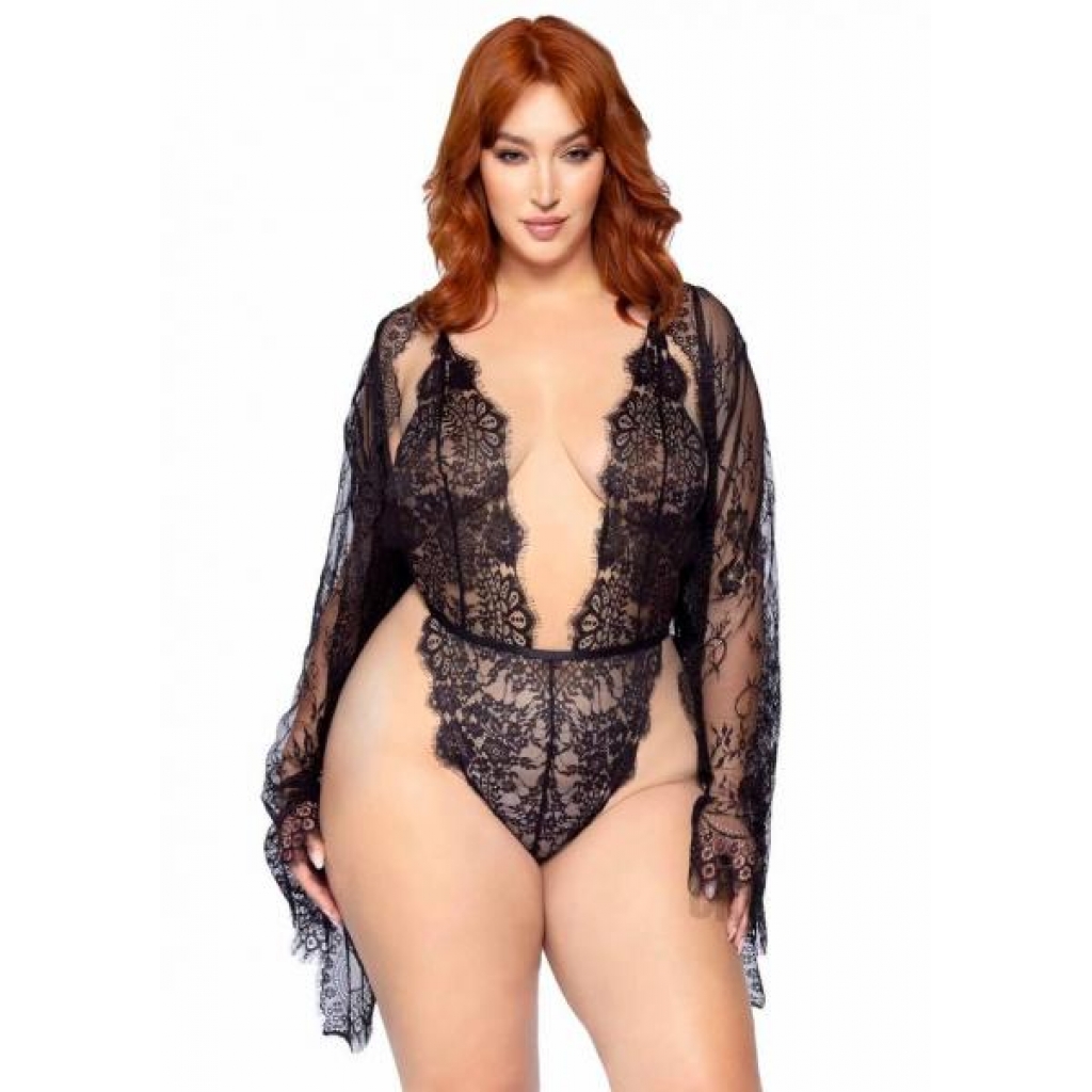 Floral Teddy Thong Robe 3pc 1x/2x Black - Teddies