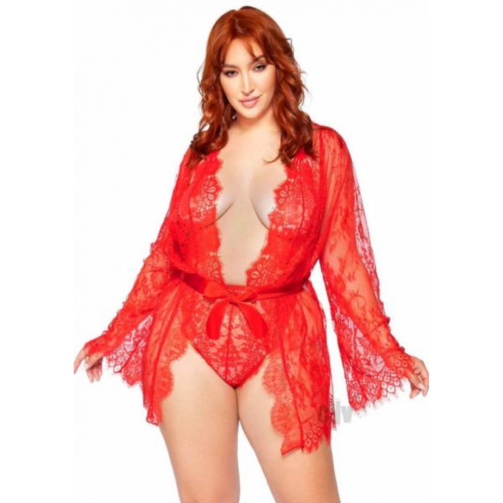 Floral Teddy Thong Robe Set - 1X/2X Red