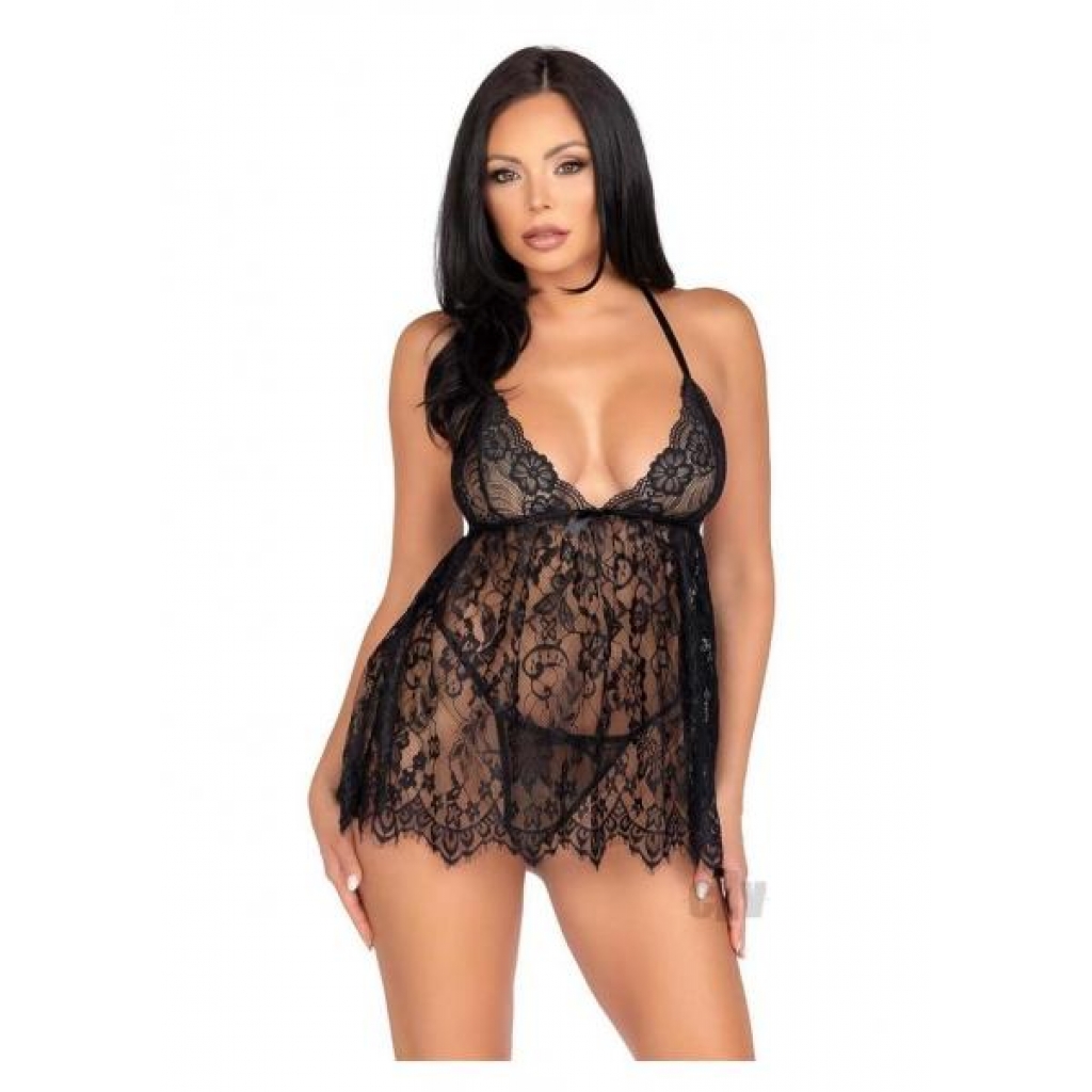 Floral Babydoll Eyelash Gstring Sm Blk - Babydolls & Slips