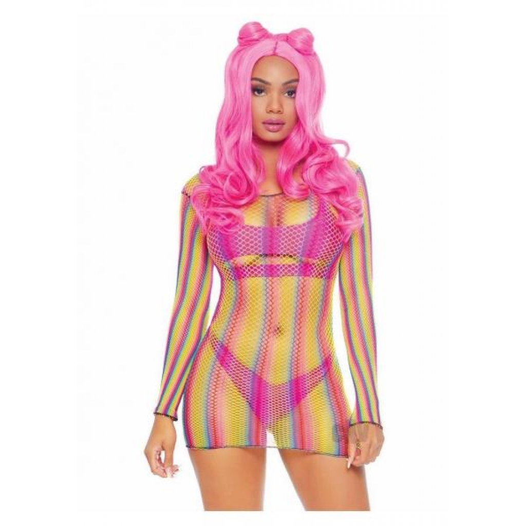 Rainbow Fishnet Sleeve Mini Dress Os - Bodystockings, Pantyhose & Garters