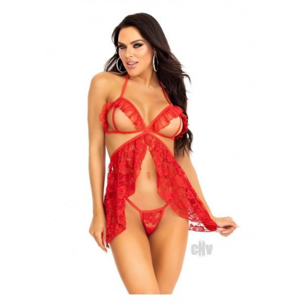 Lace Flyaway Babydoll Gstring 2pc Sm Red - Babydolls & Slips