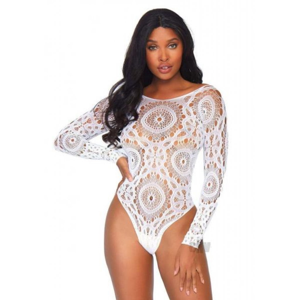 Crochet Lace Crotch Thong Teddy - White S/M