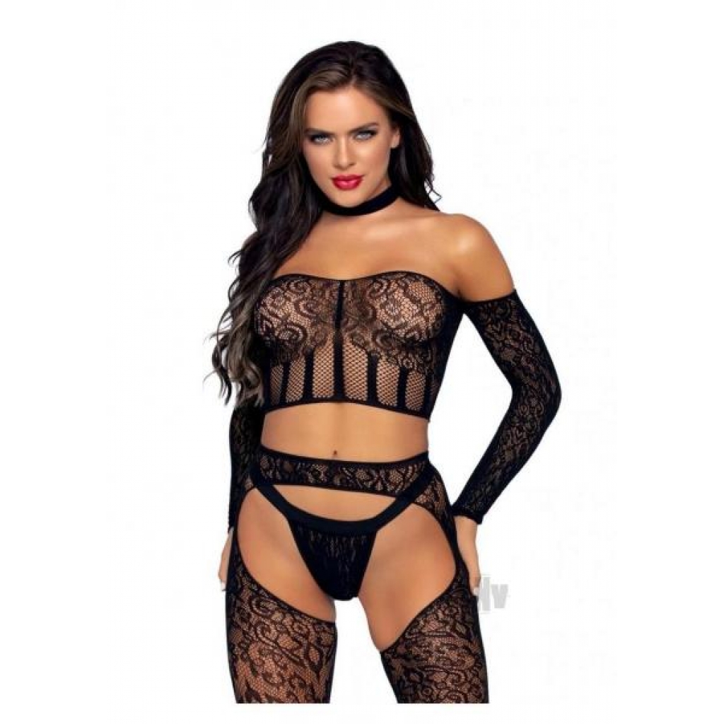 Lace Long Sleeve Halter Set - 3pc Black OS