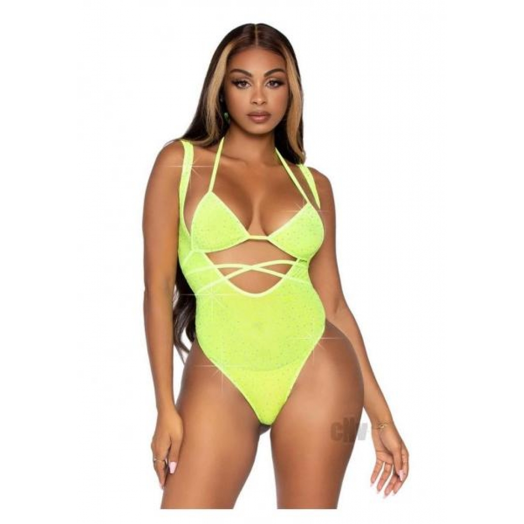 Rhinestone Mesh Bikini Top and Bodysuit - Neon Yellow