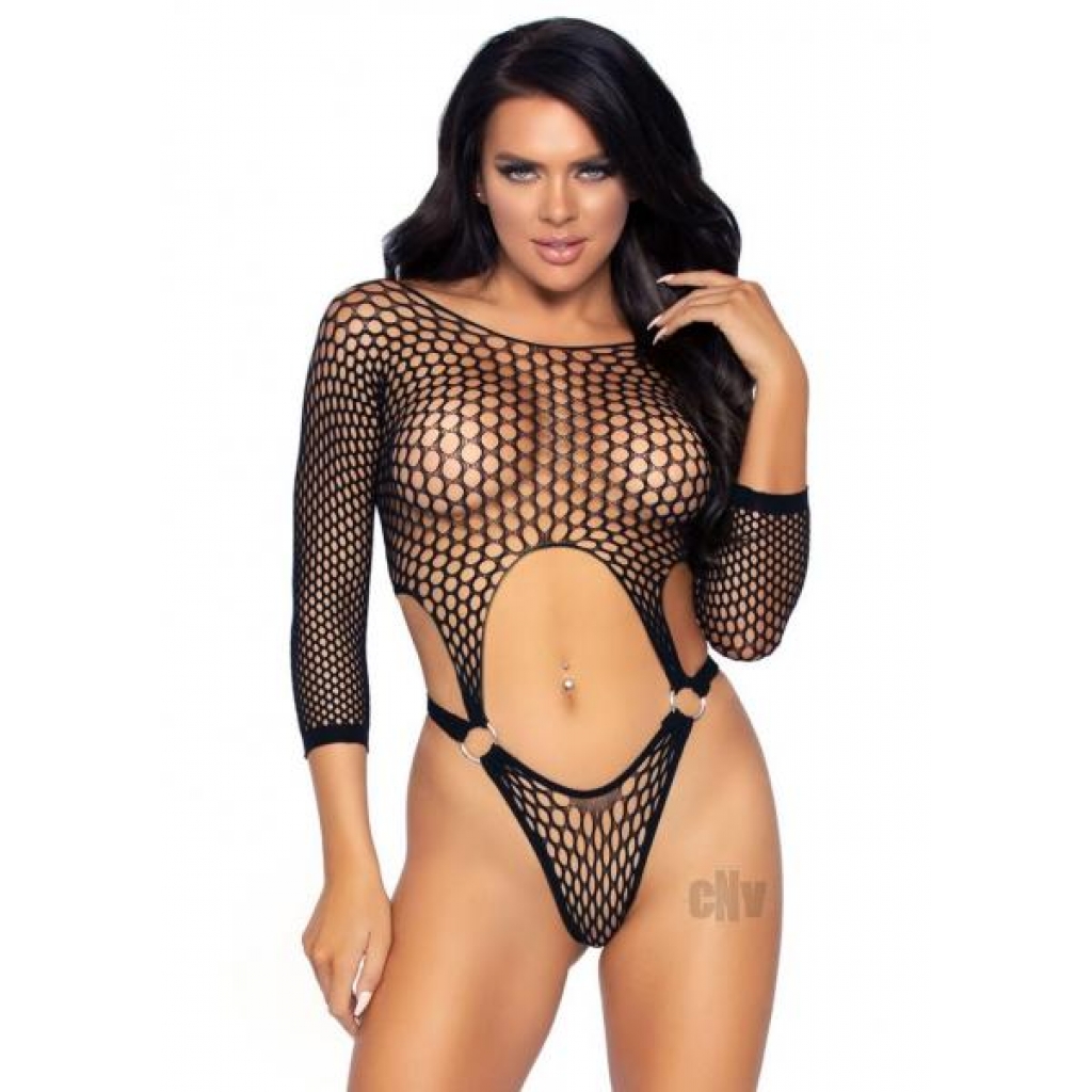 Long Sleeve Pothole Suit Thong Os Black - Teddies