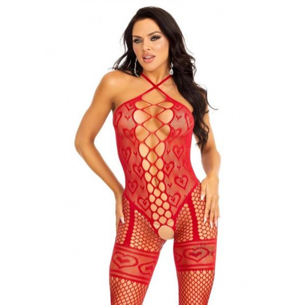 Heart Halter Bodystocking Garter Os Red - Bodystockings, Pantyhose & Garters