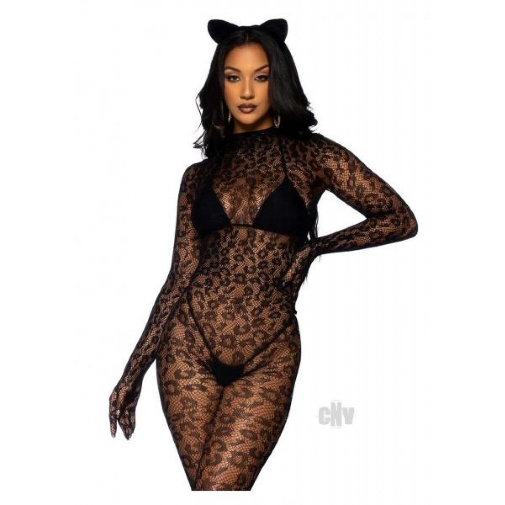 Seamless Leopard Glove Catsuit Os Blk - Bodystockings, Pantyhose & Garters