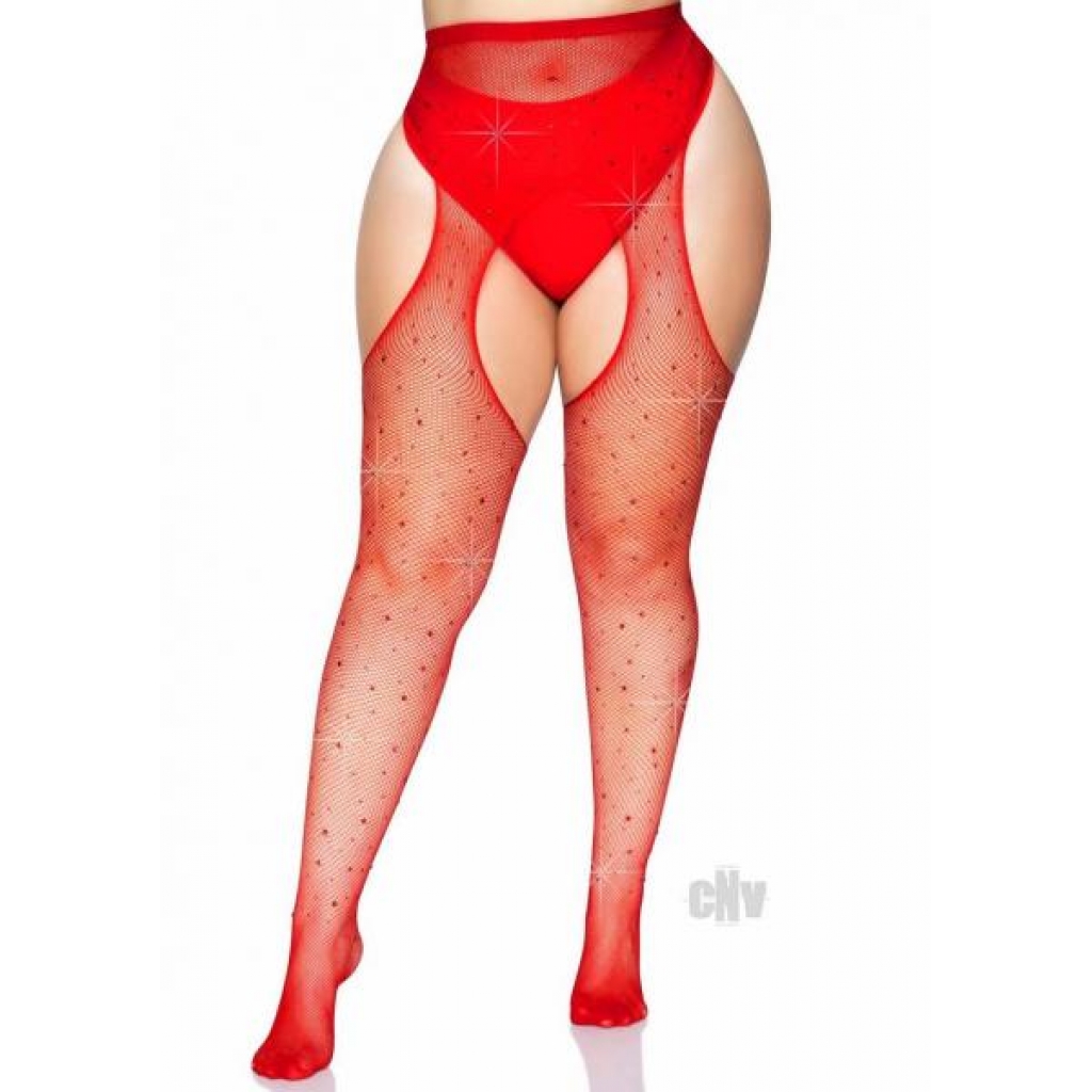 Crystalized Net Suspender Hose 1x/2x Red - Bodystockings, Pantyhose & Garters