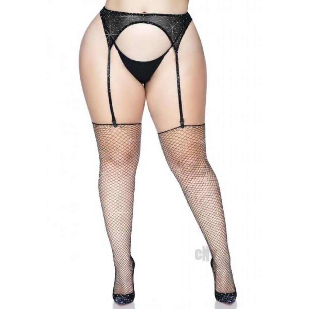 Rhinestone Fishnet Stockings 1x/2x Black - Bodystockings, Pantyhose & Garters