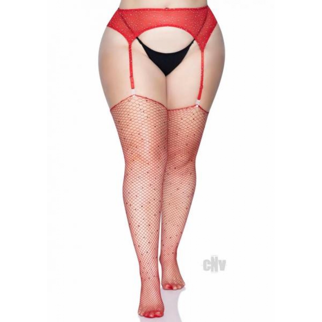 Rhinestone Fishnet Stockings 1x/2x Red - Bodystockings, Pantyhose & Garters