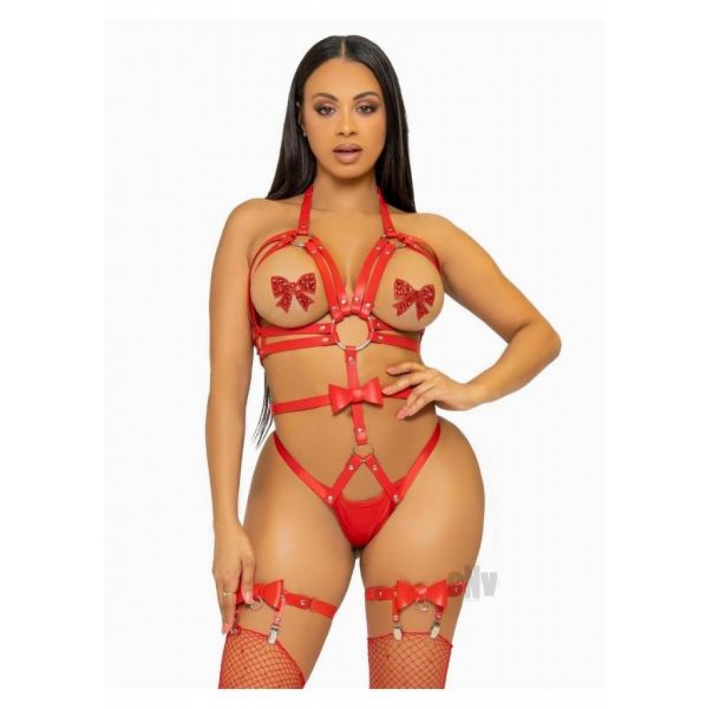 Convertible Vegan Leather O-Ring Harness Teddy - Large Red