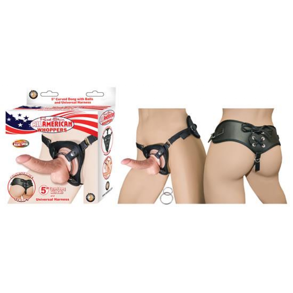 All American Whoppers 5 inches Curved Dong Balls Beige & Universal Harness - Harness & Dong Sets