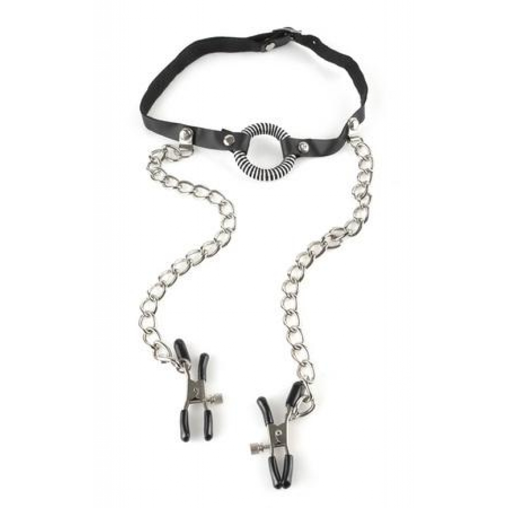 Fetish Fantasy O Ring Gag With Nipple Clamps Black - Ball Gags