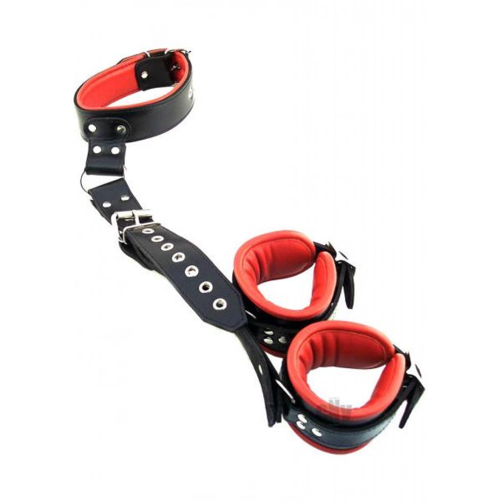 Rouge Leather Neck To Hand Restraint Black Red - Handcuffs