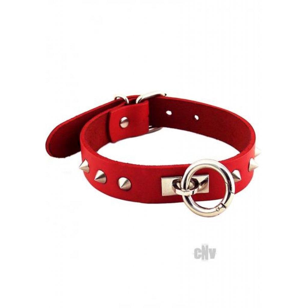 Rouge Leather O Ring Studded Collar Red - Collars & Leashes