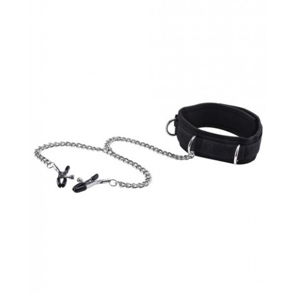 Ouch Velcro Collar with Nipple Clamps Black - Collars & Leashes