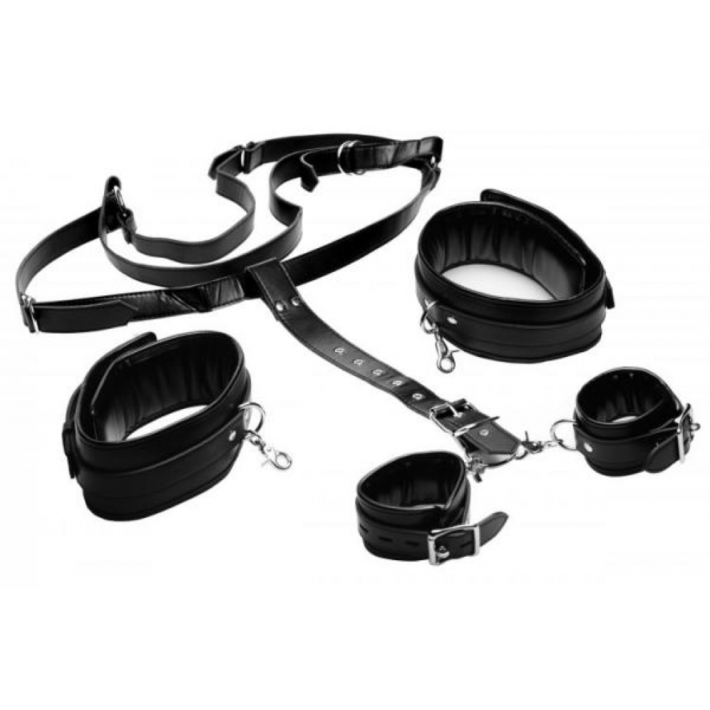 Deluxe Thigh Sling With Wrist Cuffs Black Leather - Babydolls & Slips