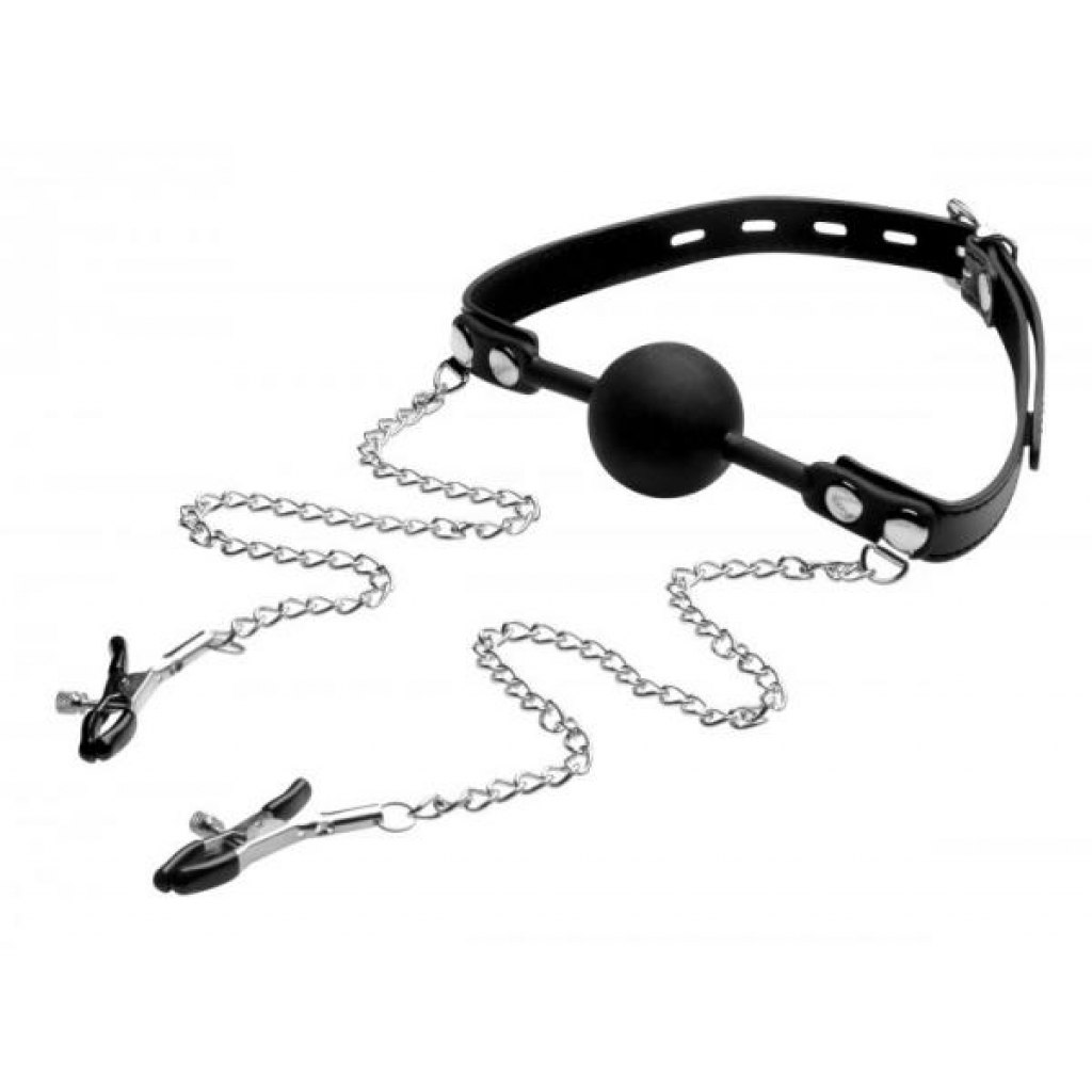 Strict Silicone Ball Gag With Nipple Clamps Black - Ball Gags