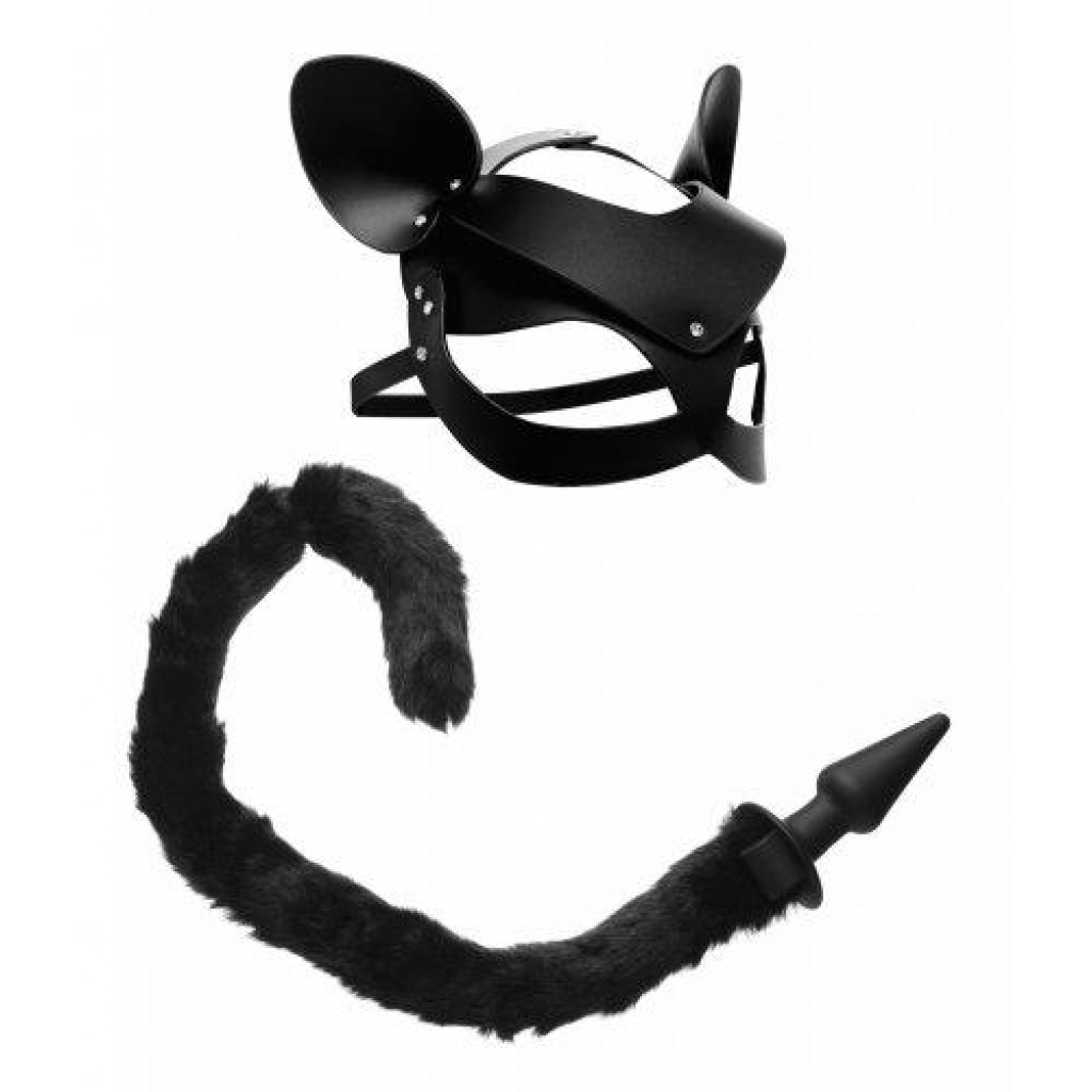 Cat Tail Anal Plug, Mask And Tail Kit Black - Anal Plugs