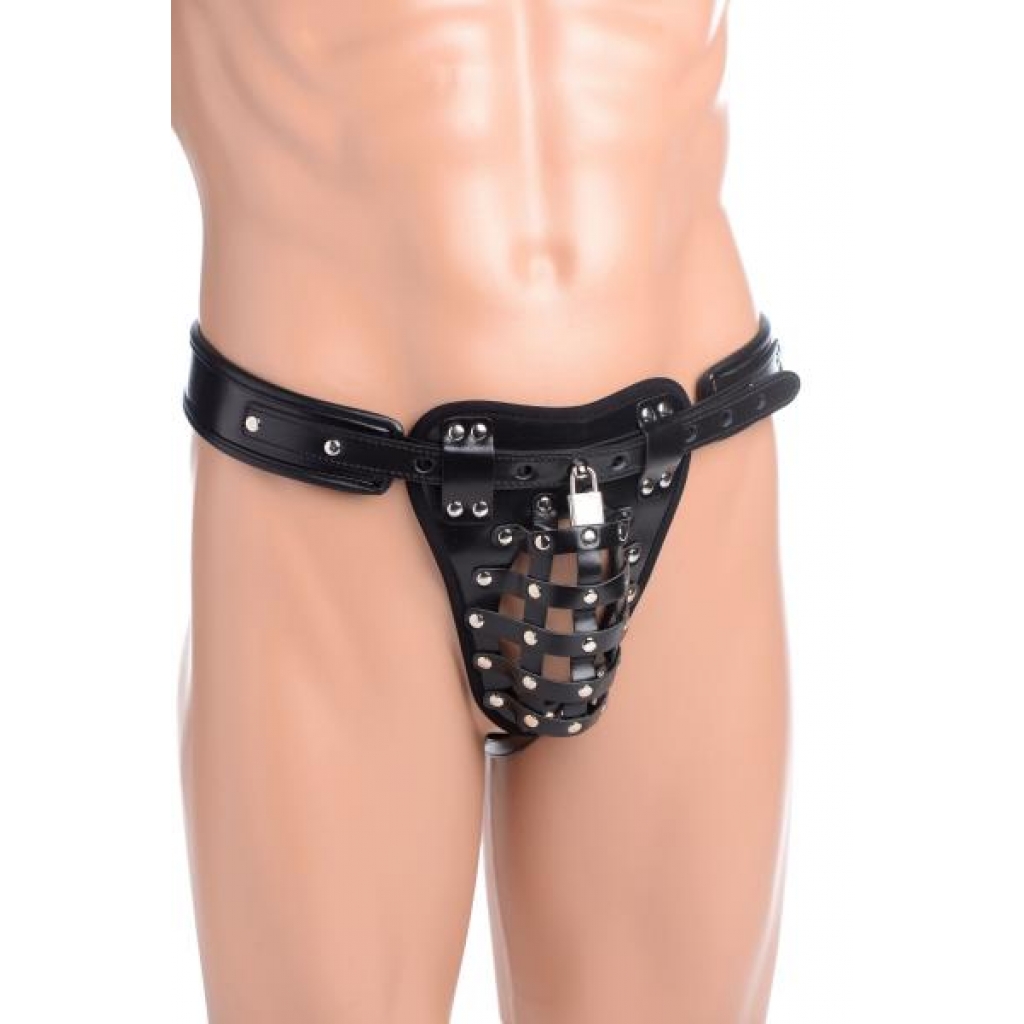 Netted Male Chastity Jock - Black Leather O/S