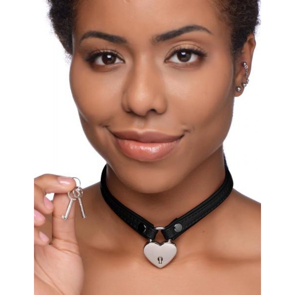 Heart Lock Leather Choker With Lock And Key - Black