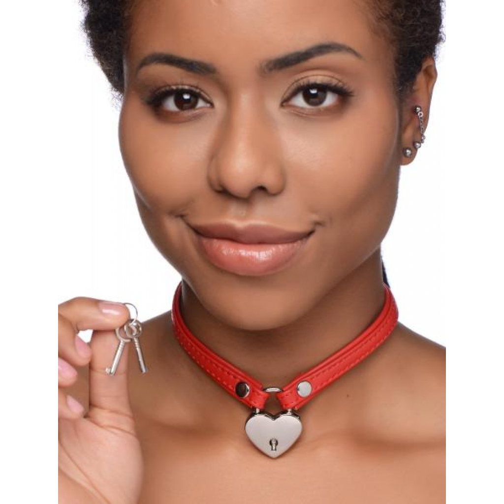 Heart Lock Leather Choker with Key - Red