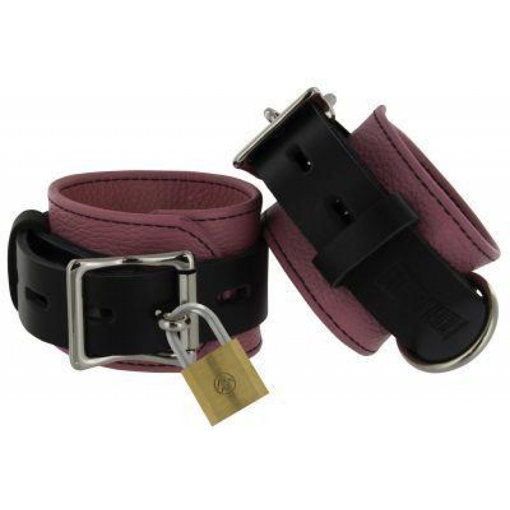 Leather Pink and Black Deluxe Locking Ankle Cuffs