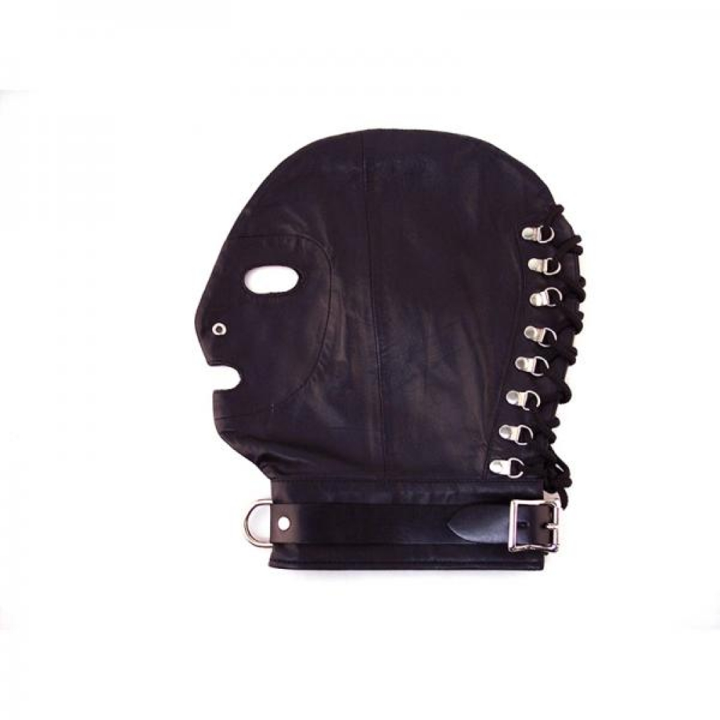 Lockable D-Ring Hooded Mask in Black Soft Leather