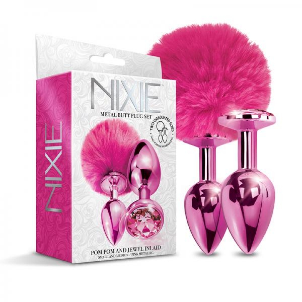 Nixie Pom Pom & Jewel-Inlaid Metallic Pink Butt Plug Set