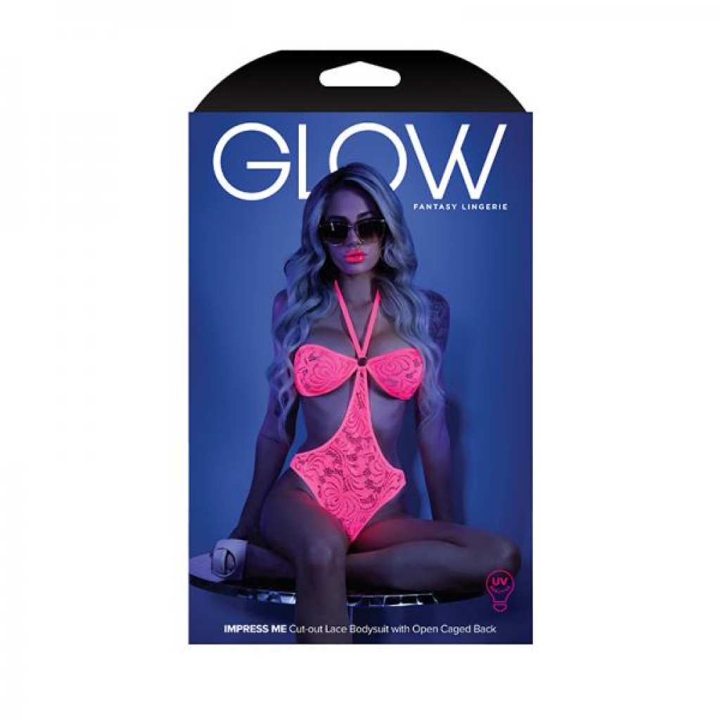 Glow Impress Me Lace Bodysuit With Open-cage Back Neon Pink M/l - Bodystockings, Pantyhose & Garters
