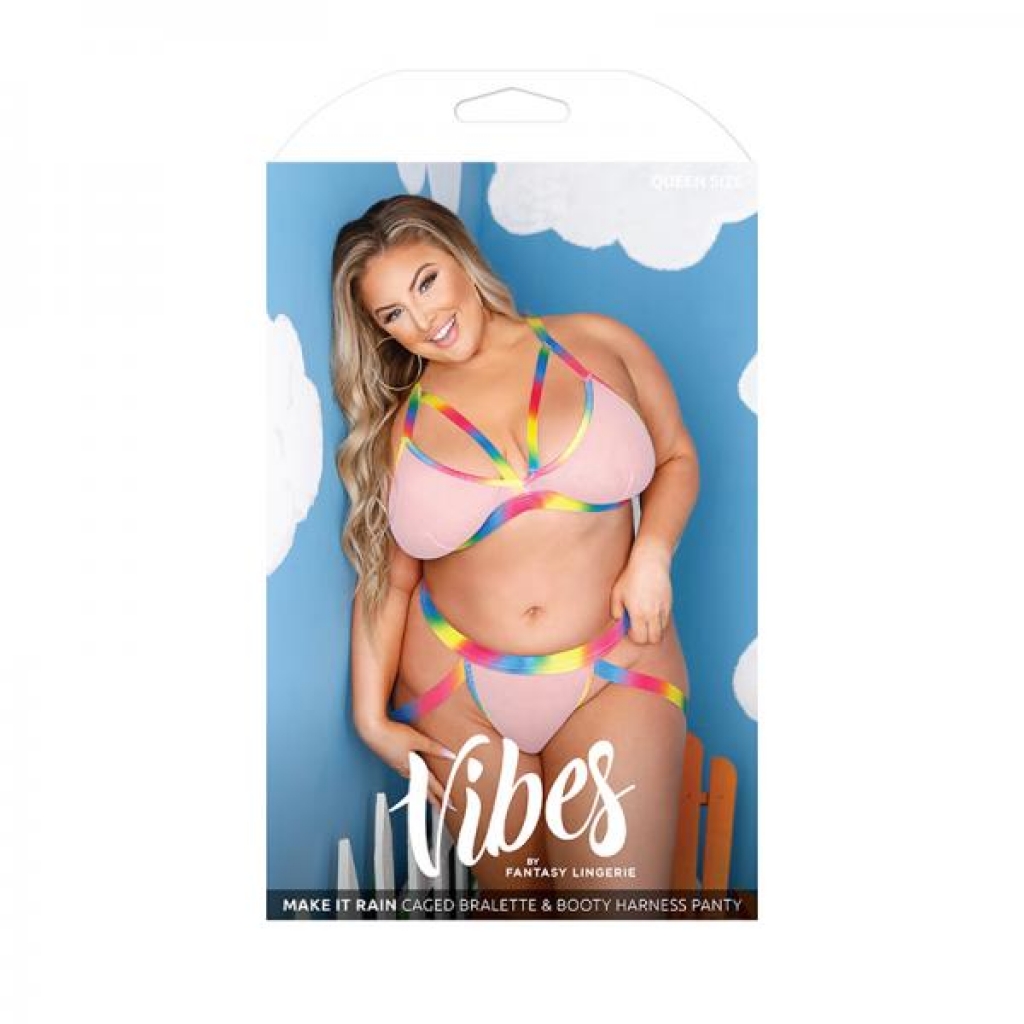 Vibes Make It Rain Caged Bralette & Panty Set - Queen Rainbow