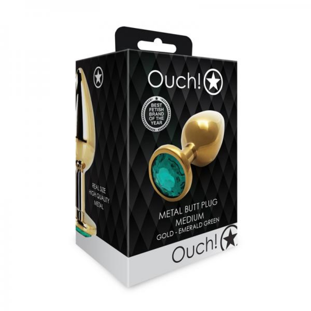 Shots Ouch! Round Gem Butt Plug - Medium Gold/Emerald Green