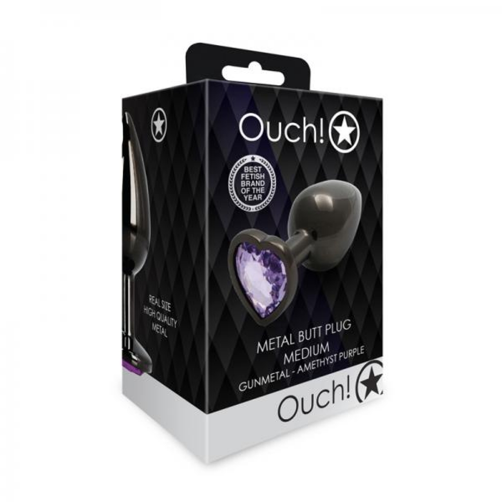 Medium Gunmetal & Amethyst Heart Gem Butt Plug