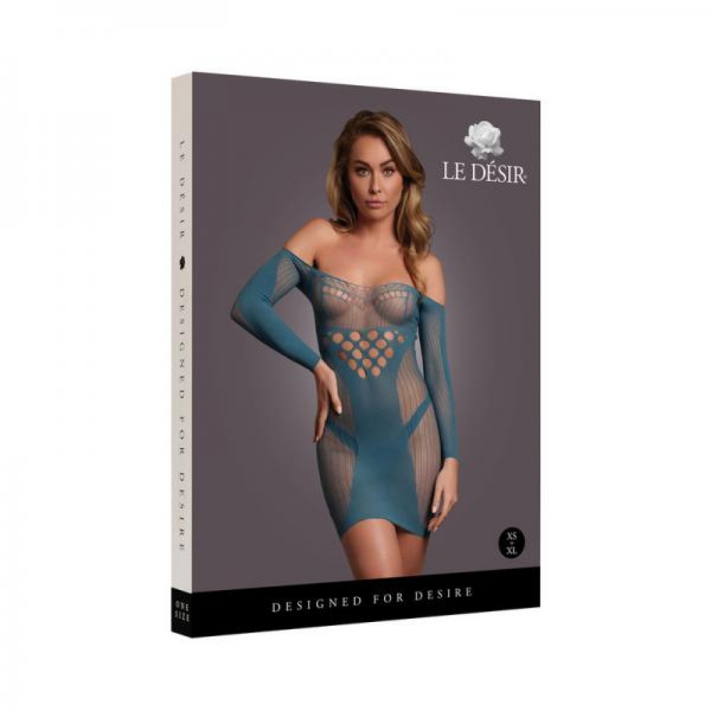 Le Desir Long-sleeved Net Mini Dress in Ocean Deep