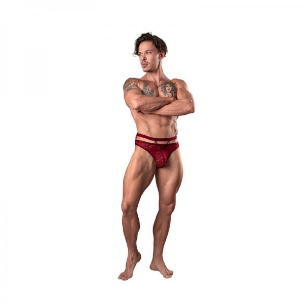 Male Power Lucifer Cut Out Strappy Thong - Burgundy